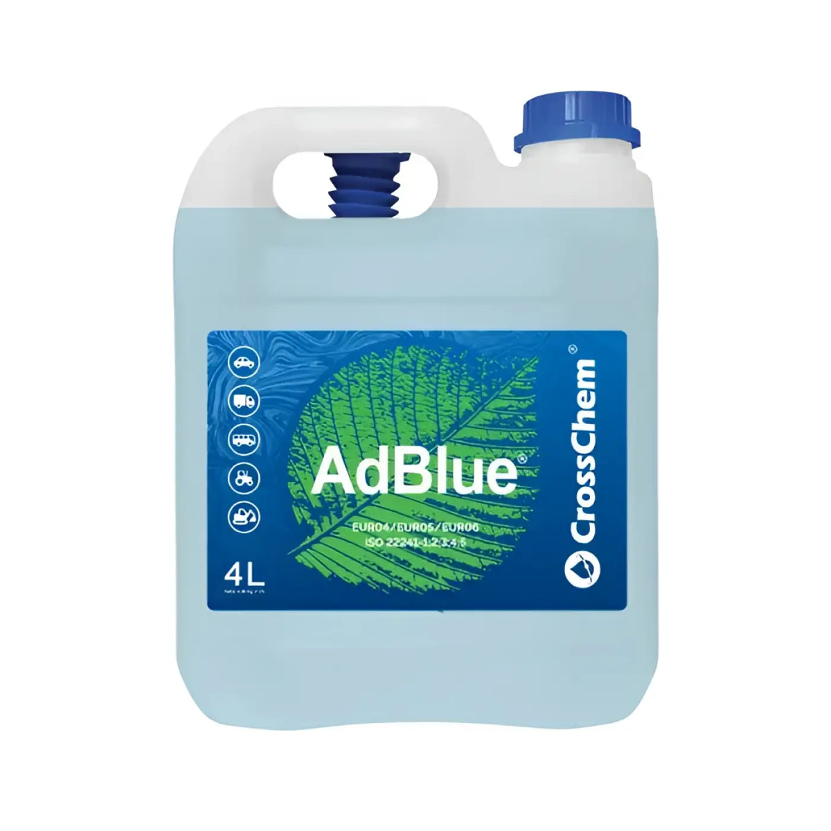 4 litran läpikuultava vaaleansininen adblue®-astia, valkoinen kahva ja sininen korkki, tuotemerkkinä crosschem