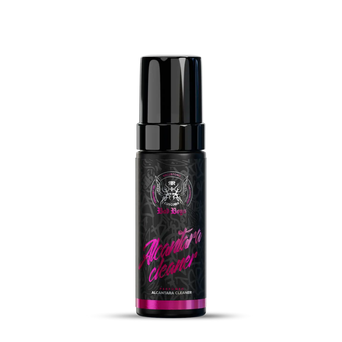 Black bottle of badboys alcantara cleaner foamer 150ml with glossy black cap and vibrant pink label text