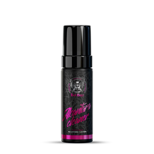 Black bottle of badboys alcantara cleaner foamer 150ml with glossy black cap and vibrant pink label text