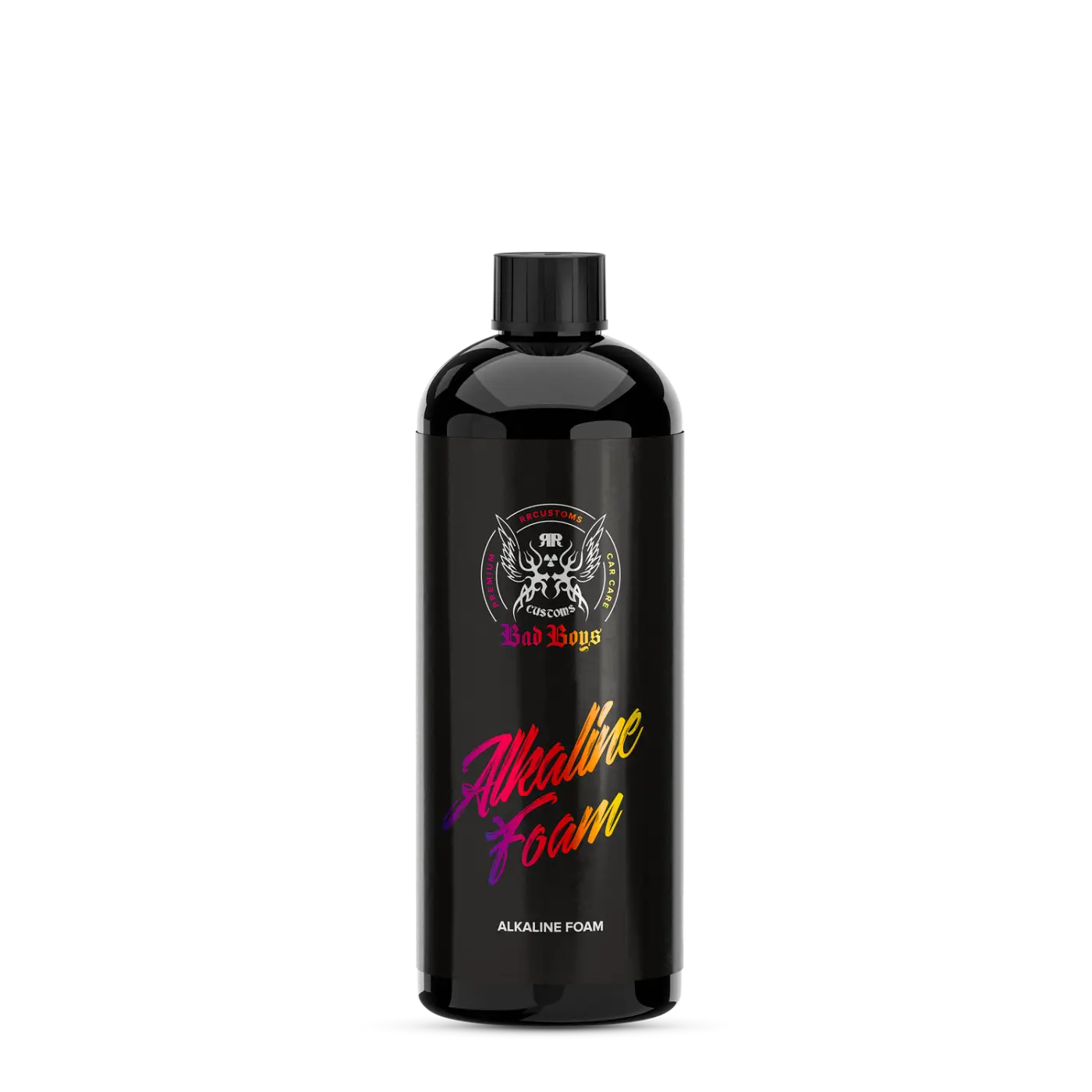 Black bottle of BadBoys alkaline foam 1L with glossy finish and colorful gradient lettering