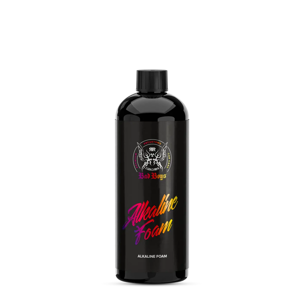 Black bottle of BadBoys alkaline foam 1L with glossy finish and colorful gradient lettering