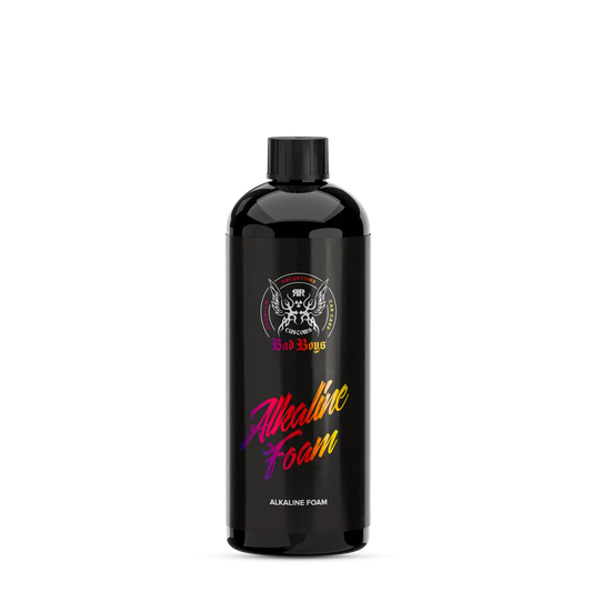 Black bottle of BadBoys alkaline foam 1L with glossy finish and colorful gradient lettering