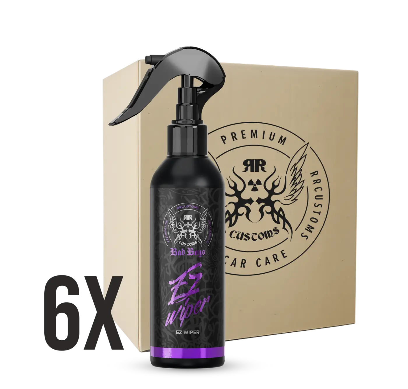 Musta suihkepullo violetilla korostuksella ja mustalla suuttimella etiketillä ez wiper rrcustoms car care badboys ez wiper 200ml 6x setissä