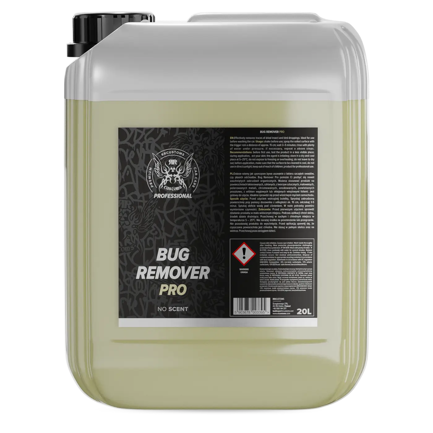 20 litran läpikuultava muovikanisteri, jossa vaaleankeltainen bug remover pro hyönteispoistoaine ammattikäyttöön