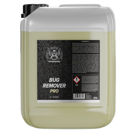 20 litran läpikuultava muovikanisteri, jossa vaaleankeltainen bug remover pro hyönteispoistoaine ammattikäyttöön