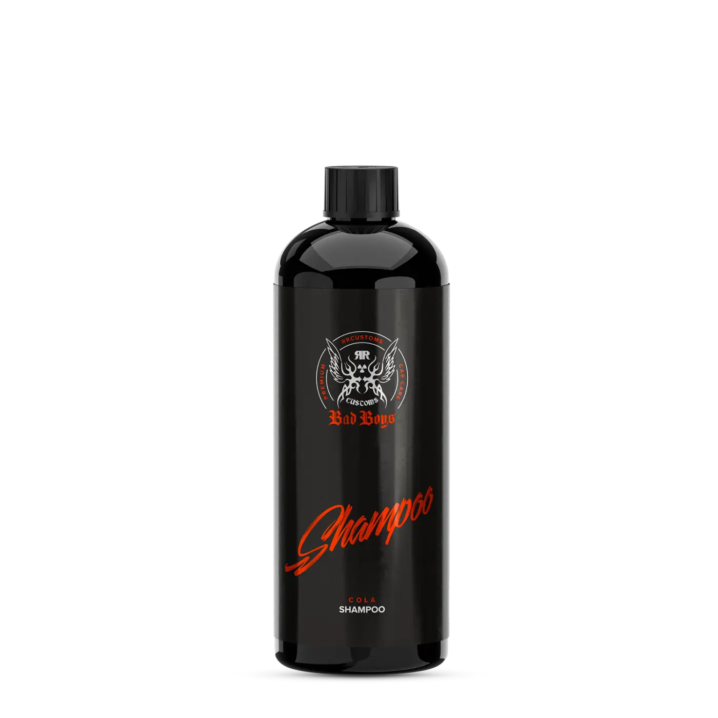 Musta muovipullo badboys shampoo colan 1l, kiiltävä pinta ja oranssit kirjainmerkinnät etupuolella