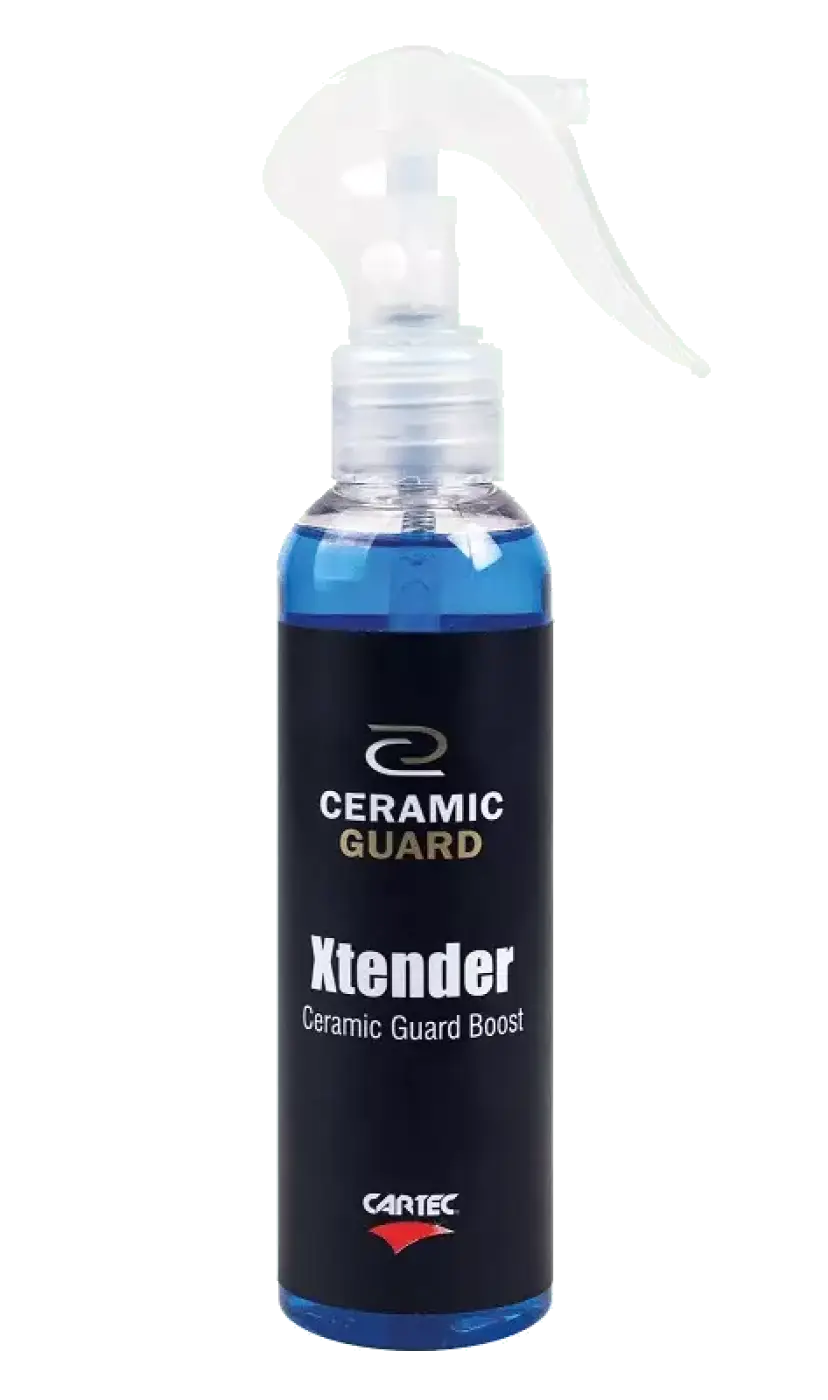 Sininen nestemäinen ceramic guard suihkepullo, valkoinen liipaisin ja musta etiketti, Cartec Ceramic Guard Xtender 150ml