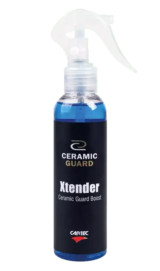 Sininen nestemäinen ceramic guard suihkepullo, valkoinen liipaisin ja musta etiketti, Cartec Ceramic Guard Xtender 150ml