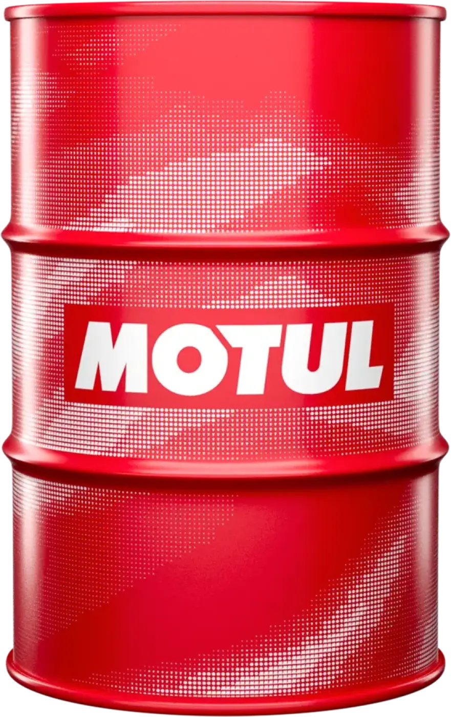 Punainen motul öljytynnyri kiiltävällä pinnalla ja valkoisella logolla tuotteelle rubr ic hm 46 hydrauliikkaöljy 208l