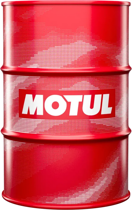 Punainen motul öljytynnyri kiiltävällä pinnalla ja valkoisella logolla tuotteelle rubr ic hm 46 hydrauliikkaöljy 208l