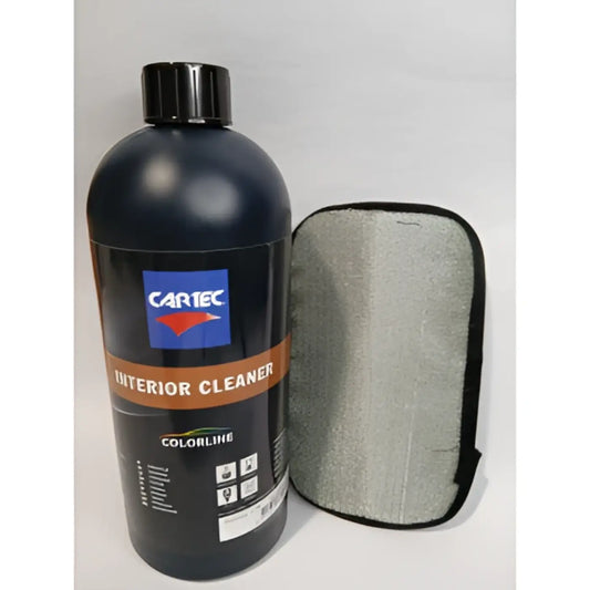 Musta muovipullo pörröveks plus sisätilan puhdistusaine 500 ml ja harmaa mikrokuituliina pakettituote