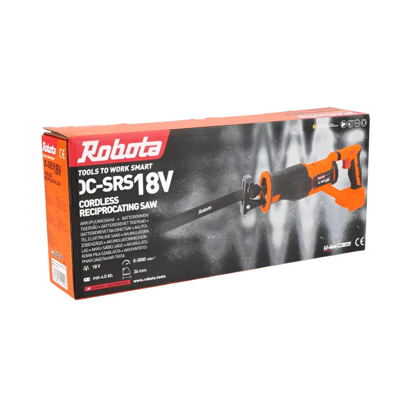 Robota dc-srs18v akkupuukkosaha oranssi ja musta langaton pakkausmateriaalissa näkyvissä