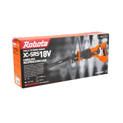 Robota dc-srs18v akkupuukkosaha oranssi ja musta langaton pakkausmateriaalissa näkyvissä