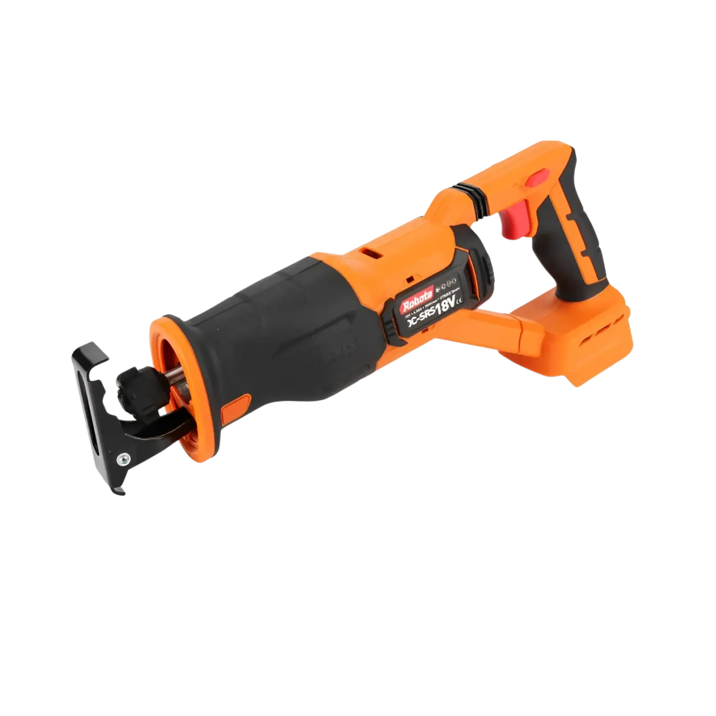 Oranssi ja musta robota dc-srs18v akkupuukkosaha korpus ja kaksi vaihtoterää näkyvissä edestäpäin
