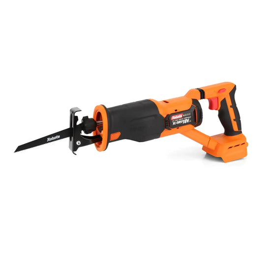 Oranssi ja musta Robota DC-SRS18V akkupuukkosaha metasirpellillä ja kädensijassa brändi-logo