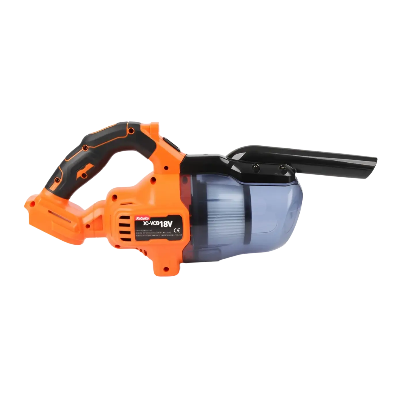 Robota dc-vcd18v akkupölynimuri oranssi musta kädessä pidettävä johdoton imuri sinisellä läpinäkyvällä säiliöllä