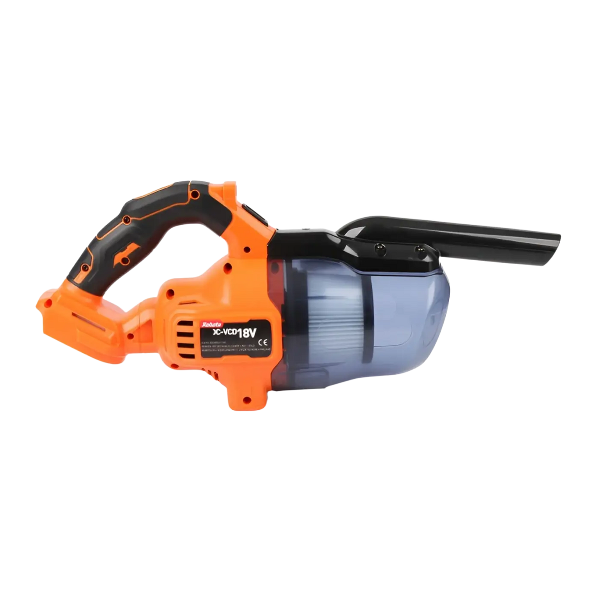 Robota dc-vcd18v akkupölynimuri oranssi musta kädessä pidettävä johdoton imuri sinisellä läpinäkyvällä säiliöllä