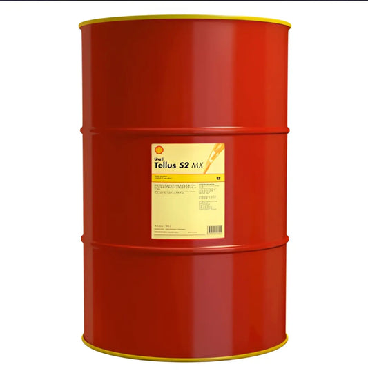 Punainen metallinen tynnyri keltaisella kannella shell tellus s2 mx 32 teollinen hydraulinen neste 209l